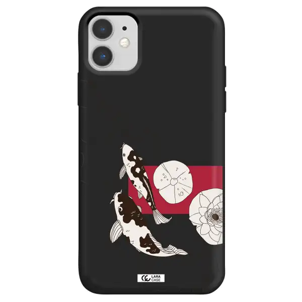 a black and white illustration of fish and flowers Apple iPhone 11 Silicone black Case