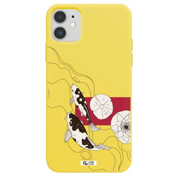a black and white illustration of fish and flowers Apple iPhone 11 Silicone canary yellow Case