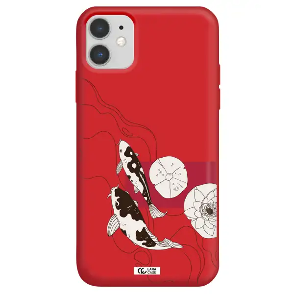 a black and white illustration of fish and flowers Apple iPhone 11 Silicone Imperial Red Case