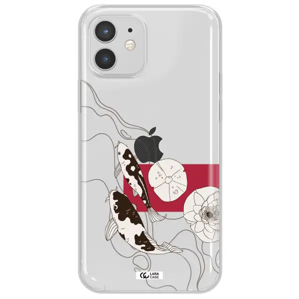 a black and white illustration of fish and flowers Apple iPhone 12 Clear TPU Case