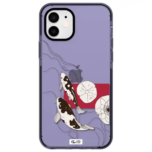 a black and white illustration of fish and flowers Apple iPhone 12 impact Lilac Case