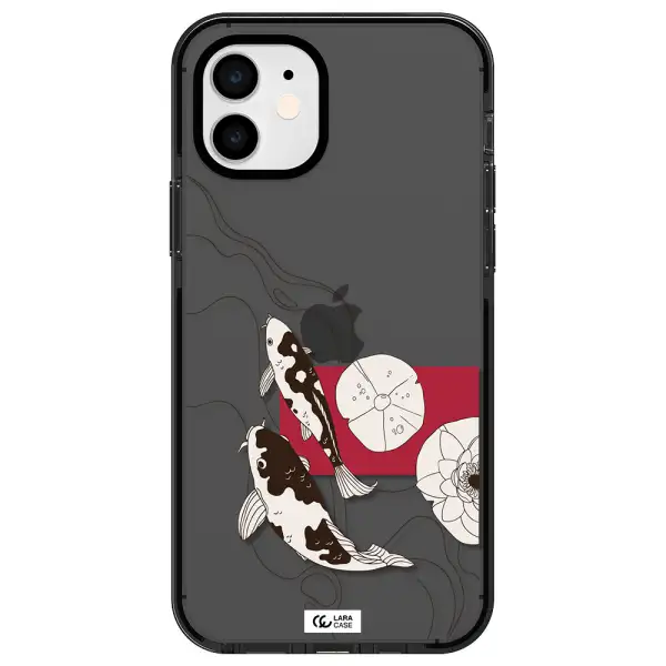 a black and white illustration of fish and flowers Apple iPhone 12 impact Smoke Black Case