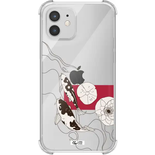 a black and white illustration of fish and flowers Apple iPhone 12 mini Clear PC Case