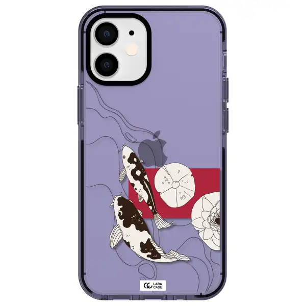 a black and white illustration of fish and flowers Apple iPhone 12 mini impact Lilac Case