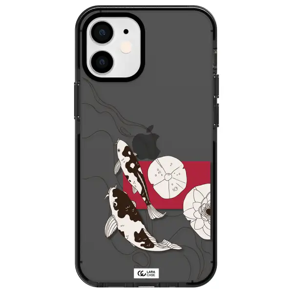 a black and white illustration of fish and flowers Apple iPhone 12 mini impact Smoke Black Case