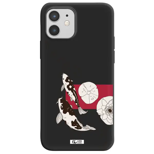 a black and white illustration of fish and flowers Apple iPhone 12 mini Silicone black Case