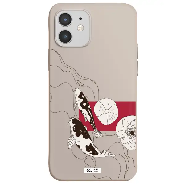 a black and white illustration of fish and flowers Apple iPhone 12 mini Silicone Stone Case