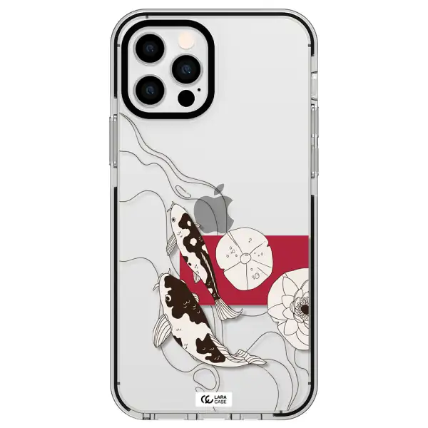 a black and white illustration of fish and flowers Apple iPhone 12 pro impact black border Case