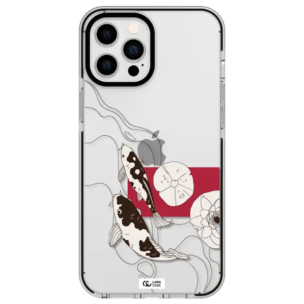 a black and white illustration of fish and flowers Apple iPhone 12 pro max impact black border Case