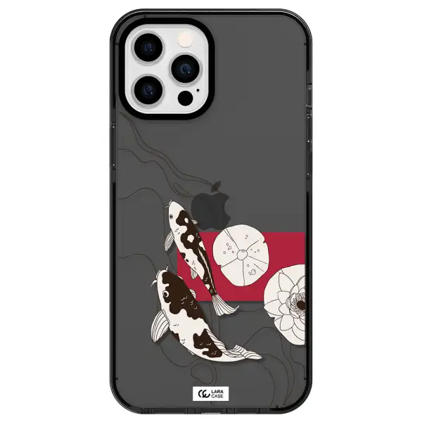 a black and white illustration of fish and flowers Apple iPhone 12 pro max impact Smoke Black Case