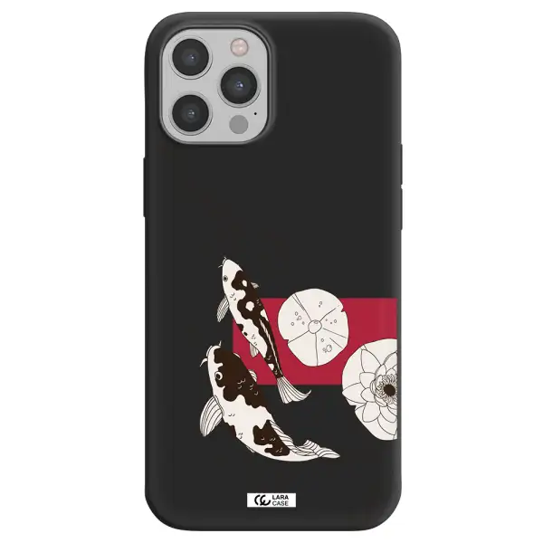 a black and white illustration of fish and flowers Apple iPhone 12 pro max Silicone black Case