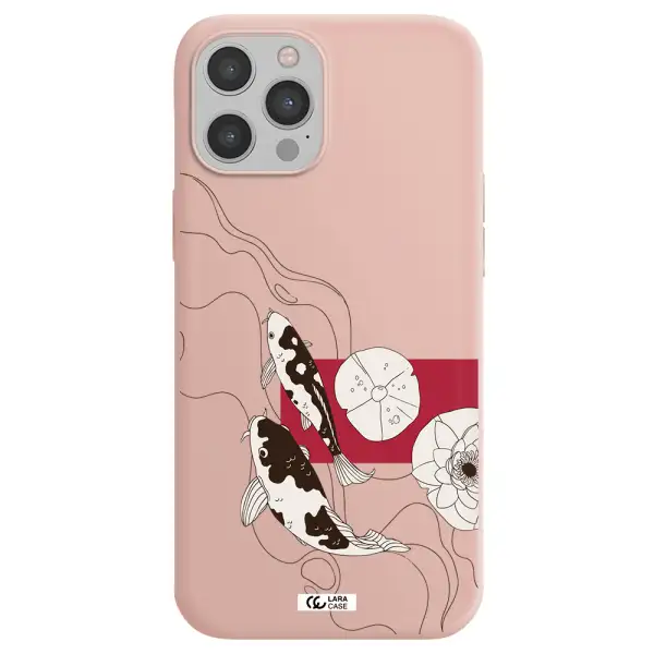 a black and white illustration of fish and flowers Apple iPhone 12 pro max Silicone pastel pink Case