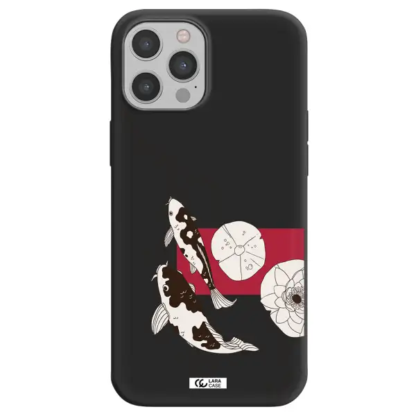 a black and white illustration of fish and flowers Apple iPhone 12 pro Silicone black Case