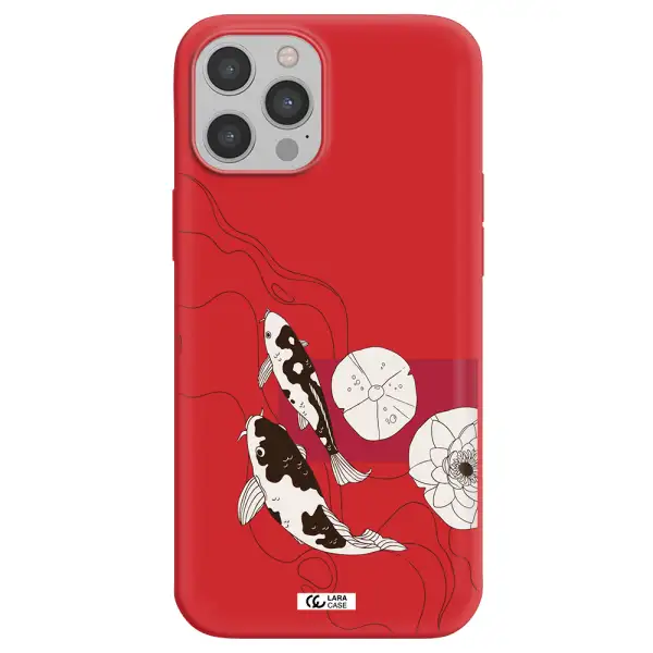 a black and white illustration of fish and flowers Apple iPhone 12 pro Silicone Imperial Red Case