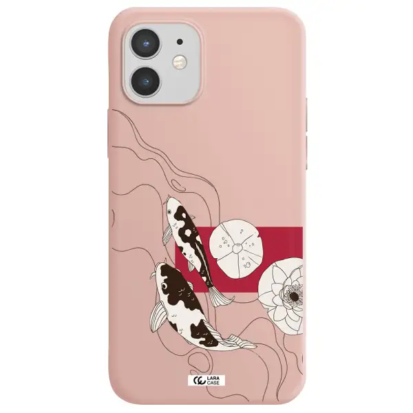 a black and white illustration of fish and flowers Apple iPhone 12 Silicone pastel pink Case