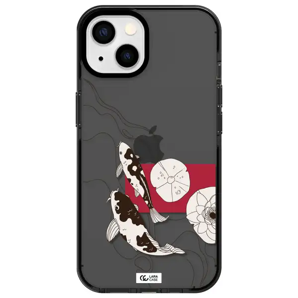 a black and white illustration of fish and flowers Apple iPhone 13 impact Smoke Black Case