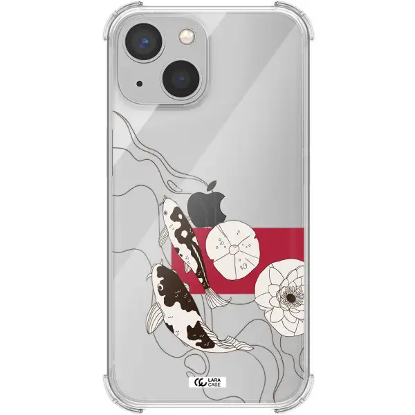 a black and white illustration of fish and flowers Apple iPhone 13 mini Clear PC Case