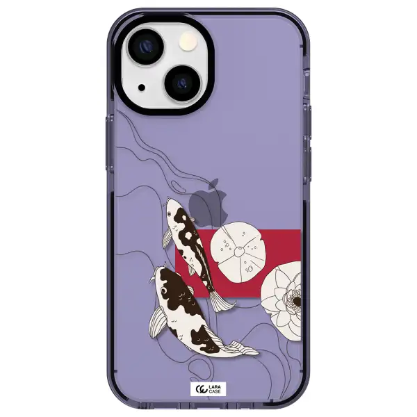 a black and white illustration of fish and flowers Apple iPhone 13 mini impact Lilac Case