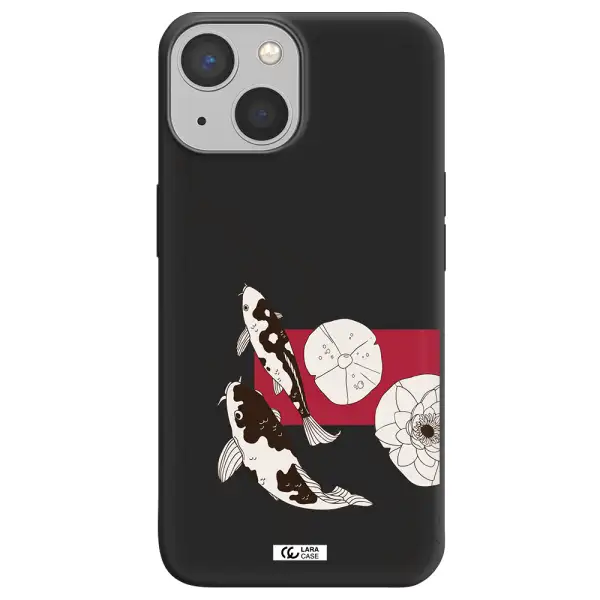 a black and white illustration of fish and flowers Apple iPhone 13 mini Silicone black Case