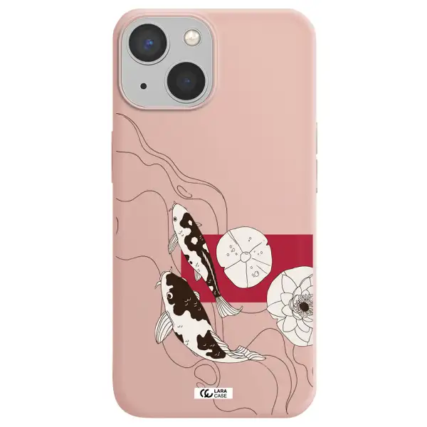 a black and white illustration of fish and flowers Apple iPhone 13 mini Silicone pastel pink Case