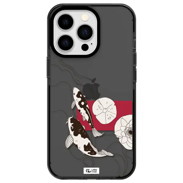 a black and white illustration of fish and flowers Apple iPhone 13 Pro impact Smoke Black Case