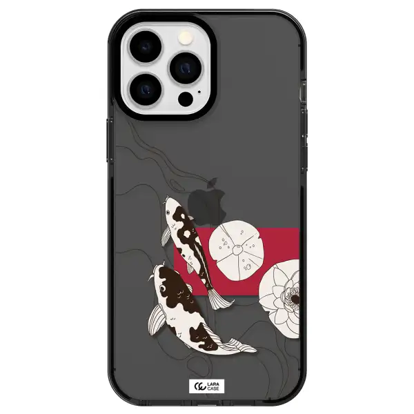 a black and white illustration of fish and flowers Apple iPhone 13 Pro Max impact Smoke Black Case