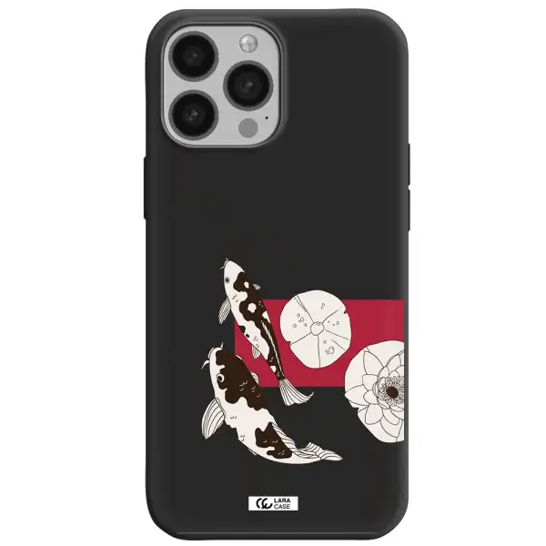 a black and white illustration of fish and flowers Apple iPhone 13 Pro Max Silicone black Case