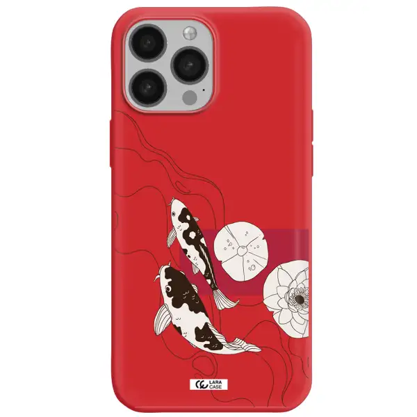 a black and white illustration of fish and flowers Apple iPhone 13 Pro Max Silicone Imperial Red Case