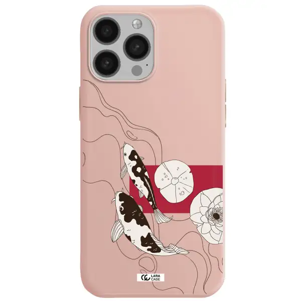 a black and white illustration of fish and flowers Apple iPhone 13 Pro Max Silicone pastel pink Case