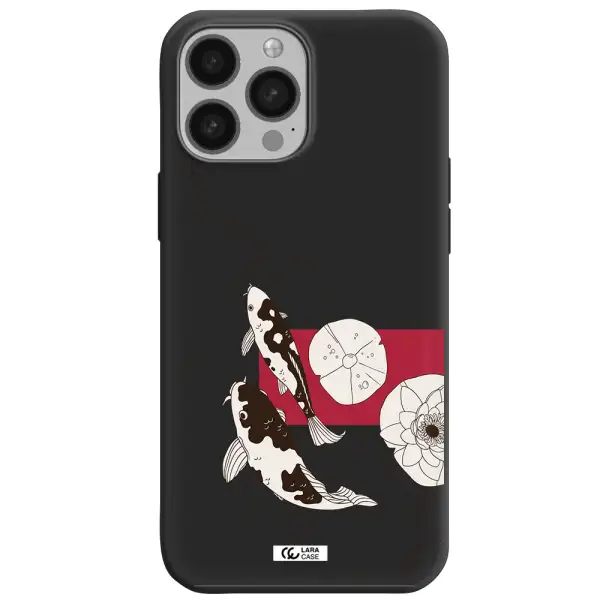 a black and white illustration of fish and flowers Apple iPhone 13 Pro Silicone black Case