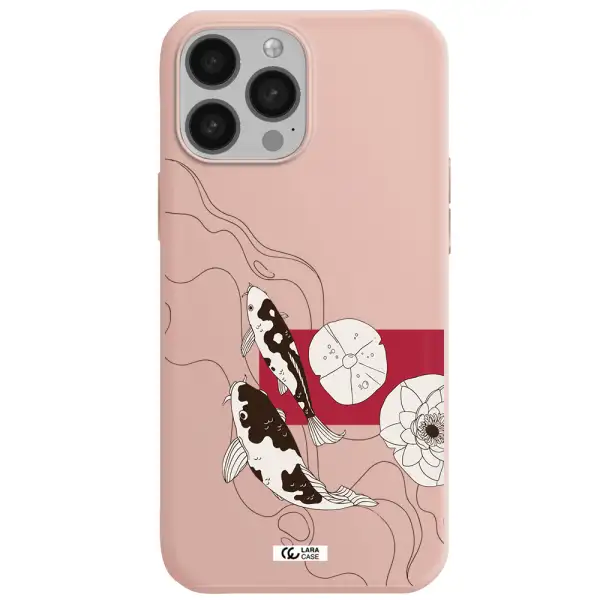 a black and white illustration of fish and flowers Apple iPhone 13 Pro Silicone pastel pink Case