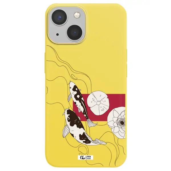a black and white illustration of fish and flowers Apple iPhone 13 Silicone canary yellow Case