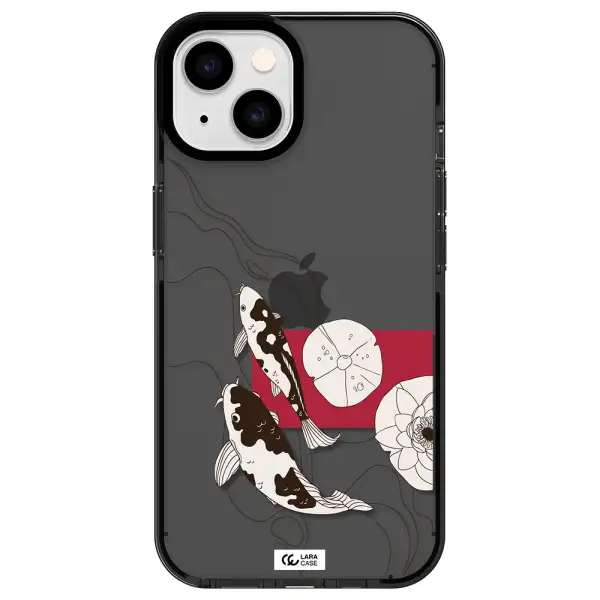a black and white illustration of fish and flowers Apple iPhone 14 impact Smoke Black Case