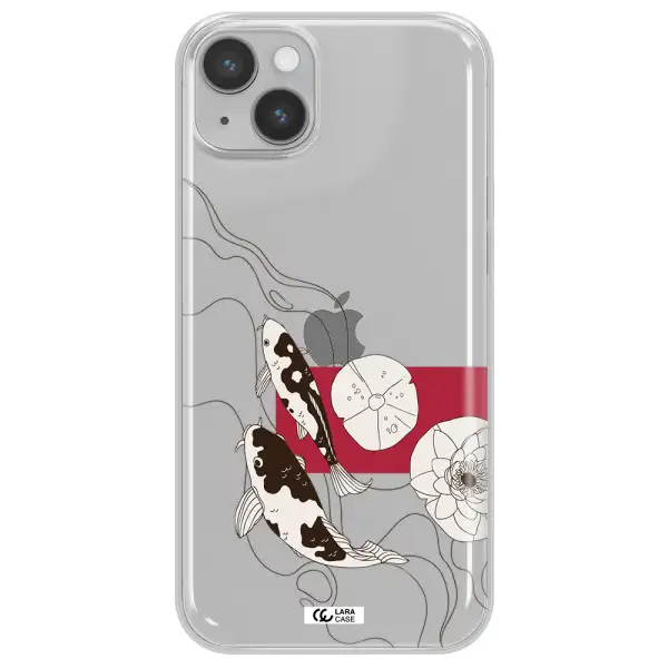 a black and white illustration of fish and flowers Apple iPhone 14 plus Clear TPU Case