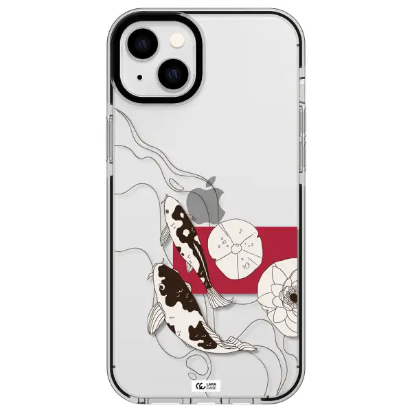 a black and white illustration of fish and flowers Apple iPhone 14 plus impact black border Case
