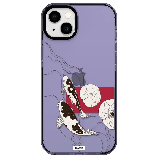 a black and white illustration of fish and flowers Apple iPhone 14 plus impact Lilac Case