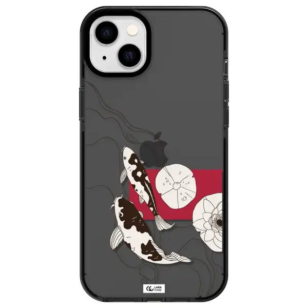 a black and white illustration of fish and flowers Apple iPhone 14 plus impact Smoke Black Case