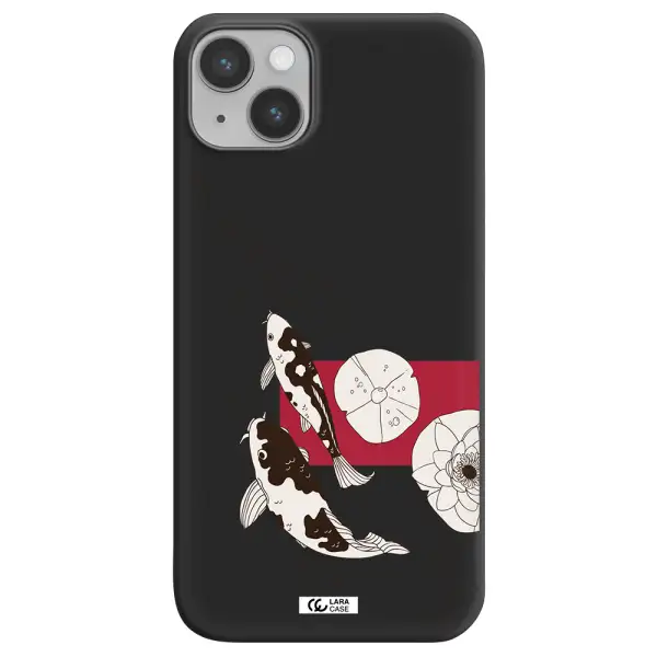 a black and white illustration of fish and flowers Apple iPhone 14 plus Silicone black Case