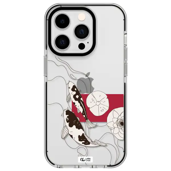 a black and white illustration of fish and flowers Apple iPhone 14 pro impact black border Case