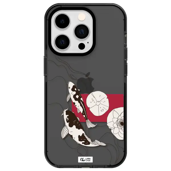 a black and white illustration of fish and flowers Apple iPhone 14 pro impact Smoke Black Case