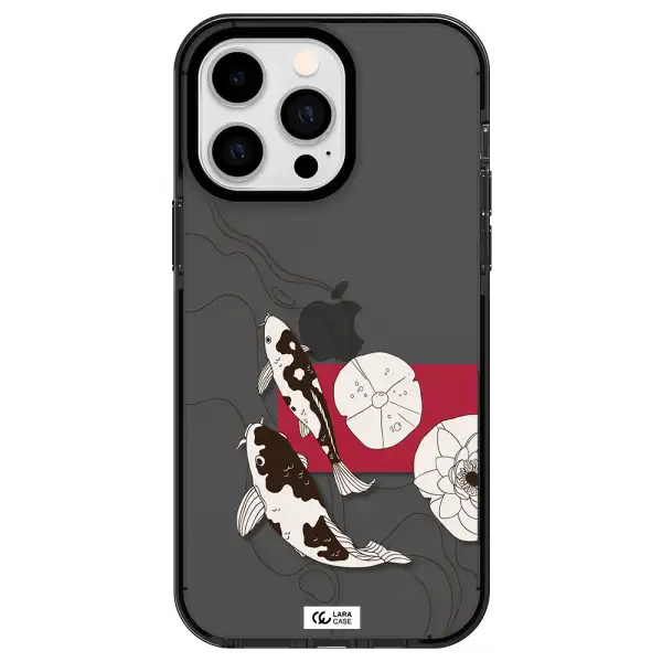 a black and white illustration of fish and flowers Apple iPhone 14 pro max impact Smoke Black Case