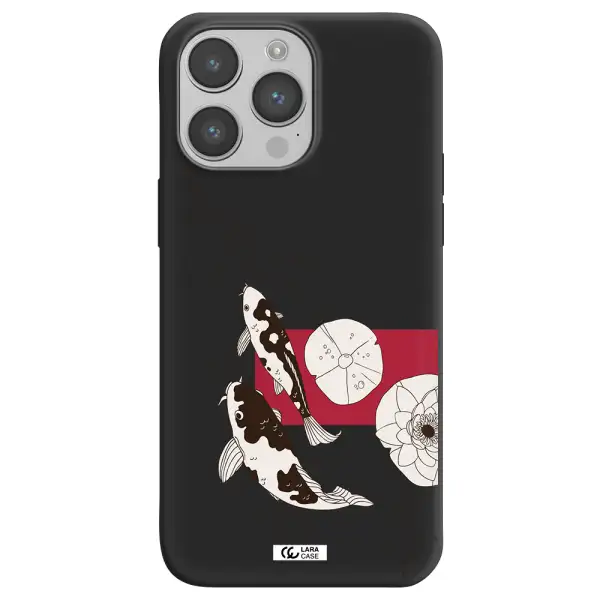 a black and white illustration of fish and flowers Apple iPhone 14 pro max Silicone black Case