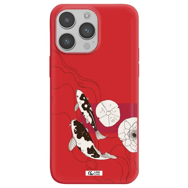 a black and white illustration of fish and flowers Apple iPhone 14 pro Silicone Imperial Red Case