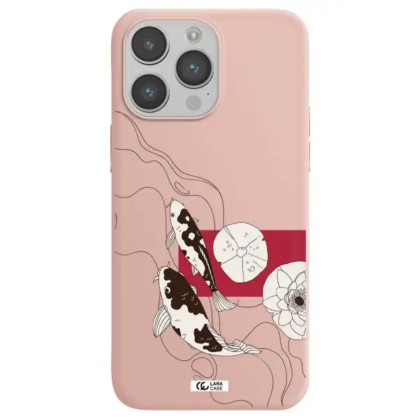 a black and white illustration of fish and flowers Apple iPhone 14 pro Silicone pastel pink Case