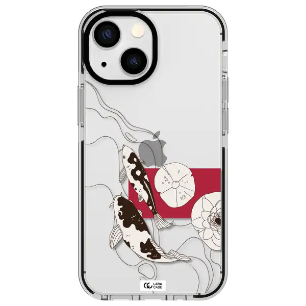 a black and white illustration of fish and flowers Apple iPhone 15 impact black border Case