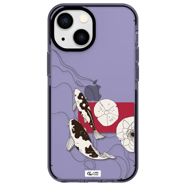 a black and white illustration of fish and flowers Apple iPhone 15 Plus impact Lilac Case