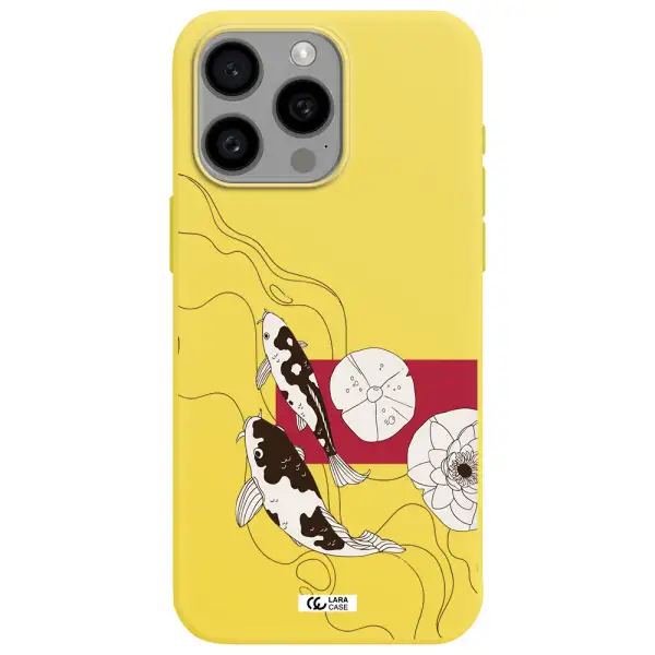 a black and white illustration of fish and flowers Apple Iphone 15 Pro max Silicone canary yellow Case
