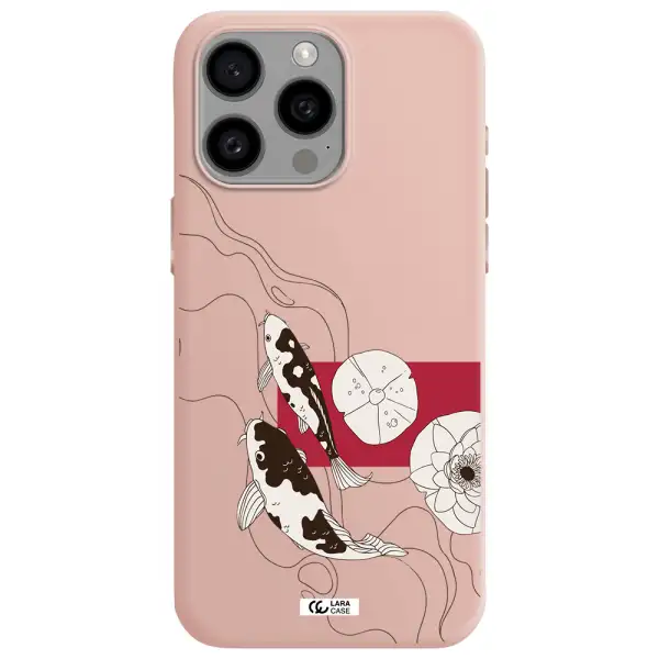 a black and white illustration of fish and flowers Apple Iphone 15 Pro max Silicone pastel pink Case