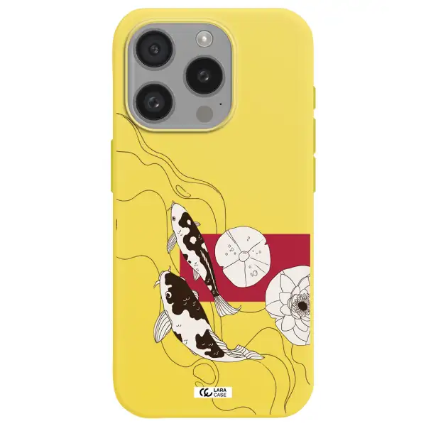 A Black And White Illustration Of Fish And Flowers Apple Iphone 15 Pro Silicone Canary Yellow Case