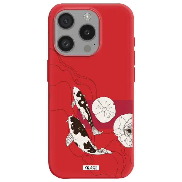 A Black And White Illustration Of Fish And Flowers Apple Iphone 15 Pro Silicone Imperial Red Case